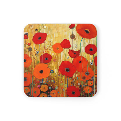 Floral Symphony: Corkwood Coaster Set showcasing Gustav Klimt's Poppies in Art Nouveau