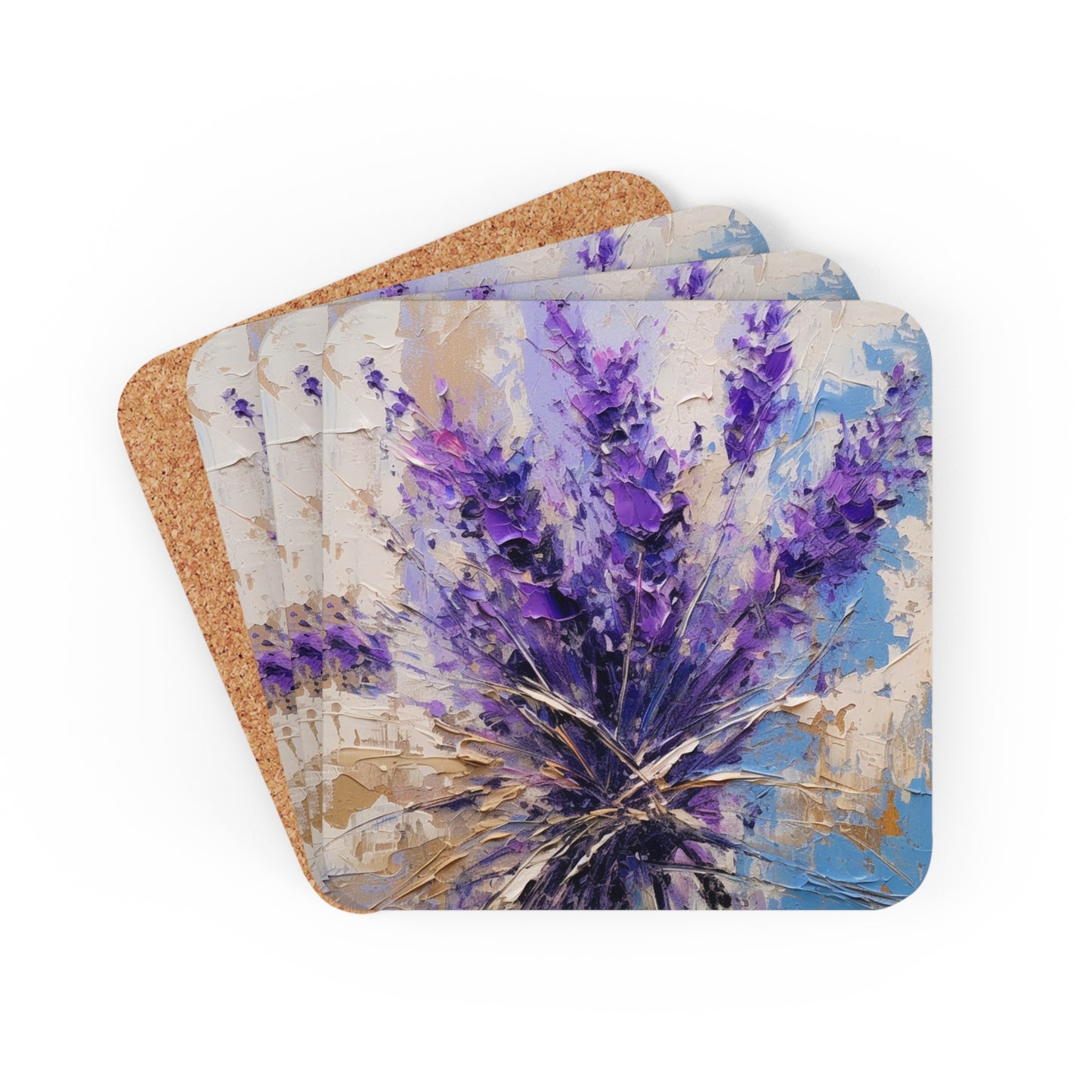 Vibrant Lavender Art on Corkwood Coaster Set: A Floral Delight for Your Senses