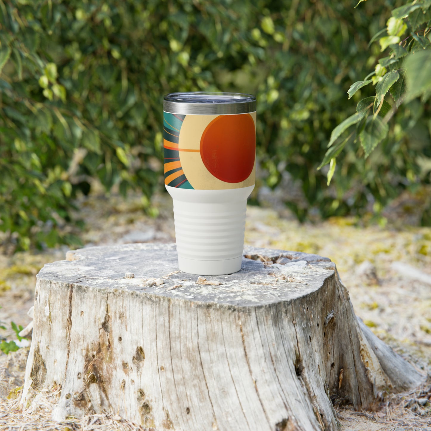 Sunshine Serenity: Ringneck Tumbler with Minimalist Midcentury Sun Design