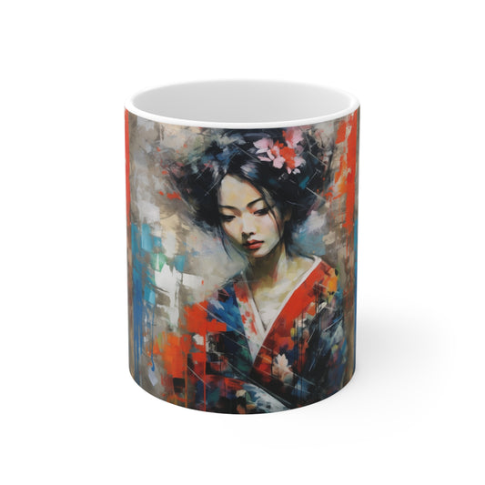 Abstract Wallpaper Bliss: Geisha Painting Ceramic Mug for Coffee Lovers