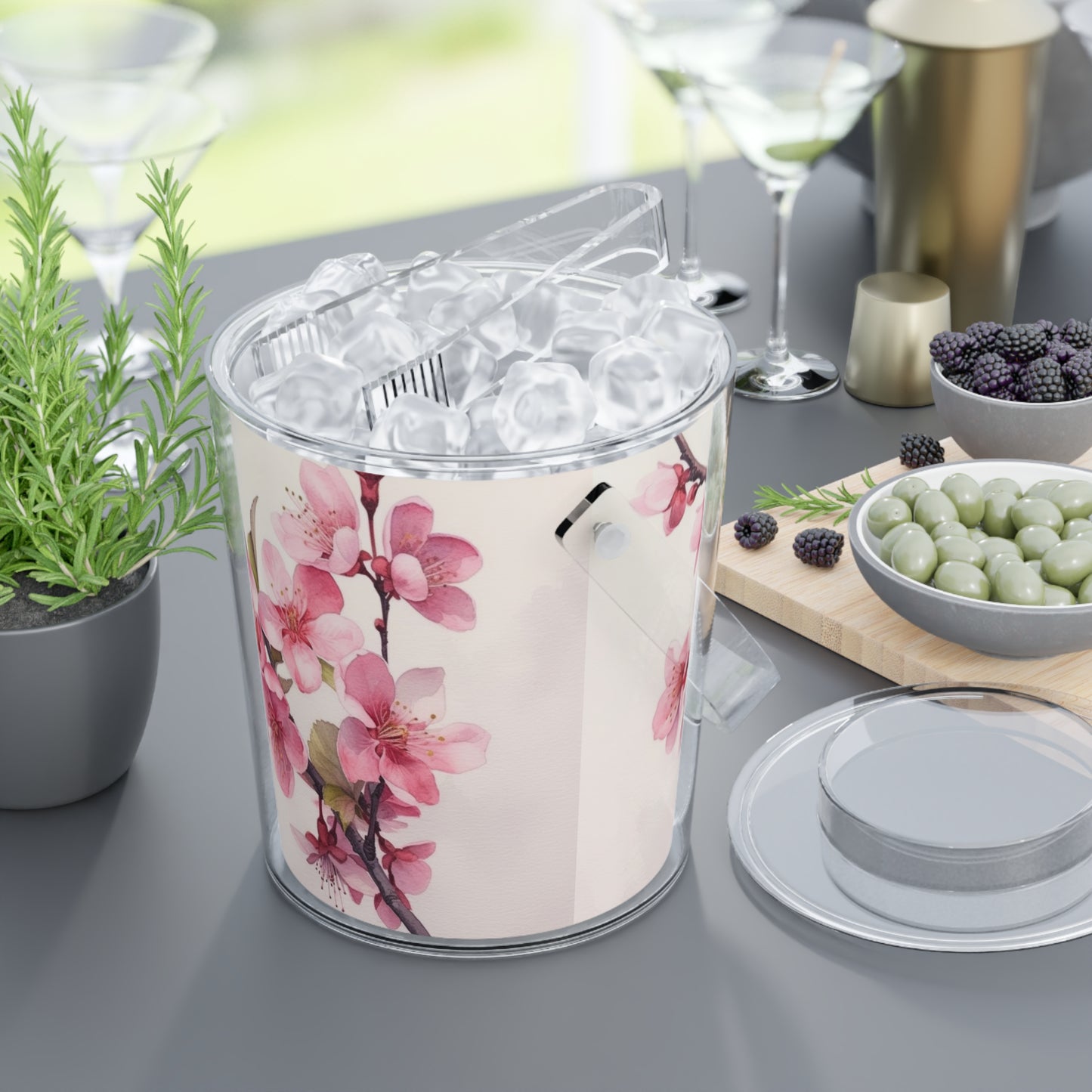 Artistic Flourish: Floral Watercolor Cherry Blossom Ice Bucket with Tongs