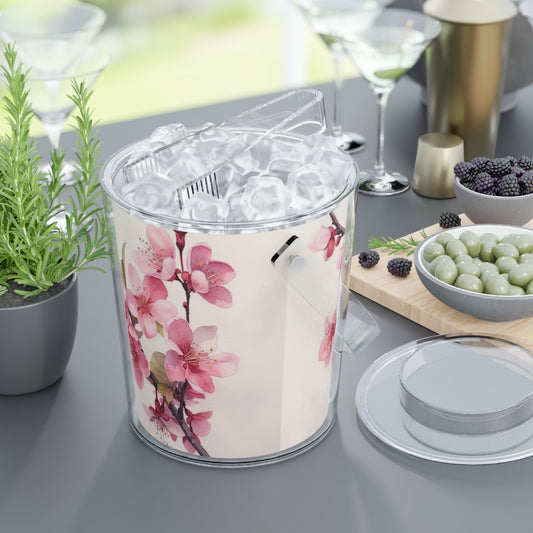 Artistic Flourish: Floral Watercolor Cherry Blossom Ice Bucket with Tongs