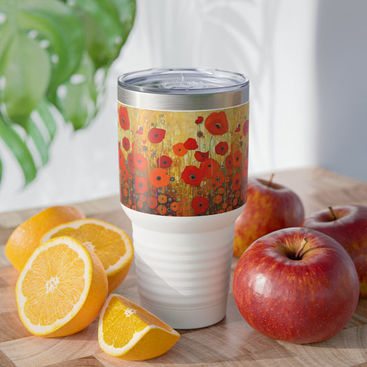 Floral Opulence: Ringneck Tumbler Showcasing the Enchanting Poppies Inspired by Gustav Klimt