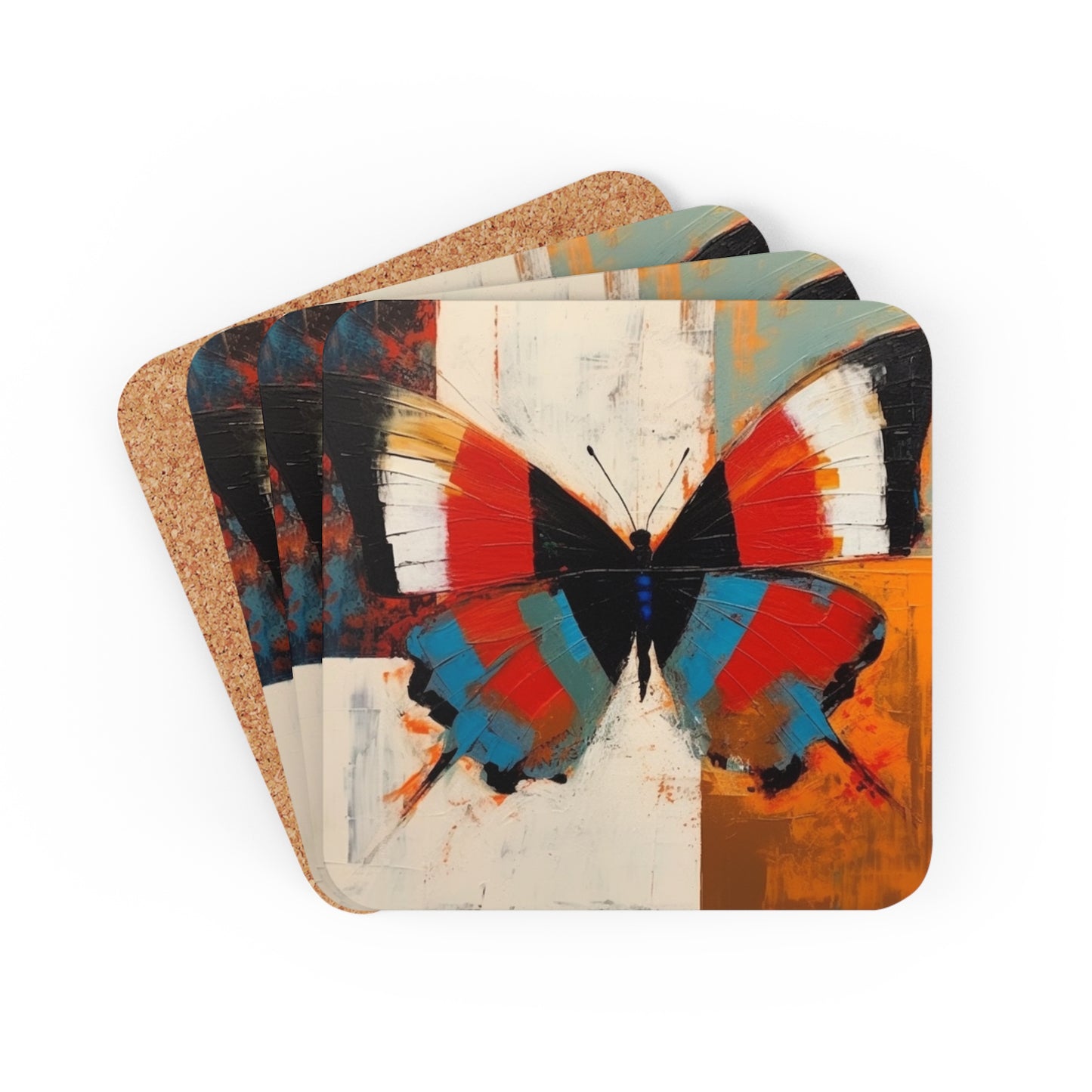 Bauhaus-Inspired Butterfly Symphony: Corkwood Coaster Set with Vibrant Colors and Intricate Details