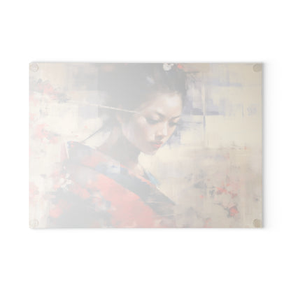 Japanese-Inspired Abstract Oil Painting Glass Cutting Board: Celebrating Geisha Beauty