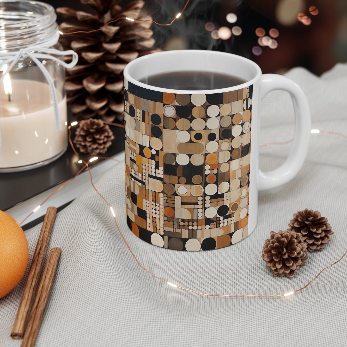 Earthy Grid Ceramic Mug: Graphic Black and White with Earthy Palette