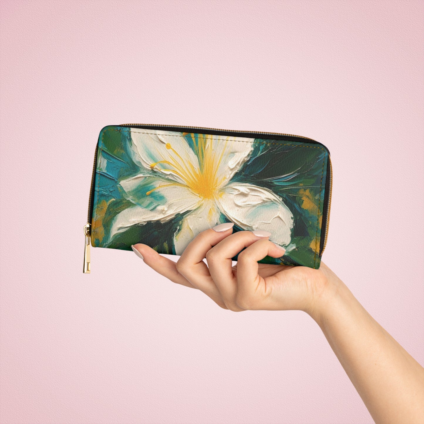 Floral Symphony: Zipper Wallet featuring an Abstract Oil Painting of Jasmine