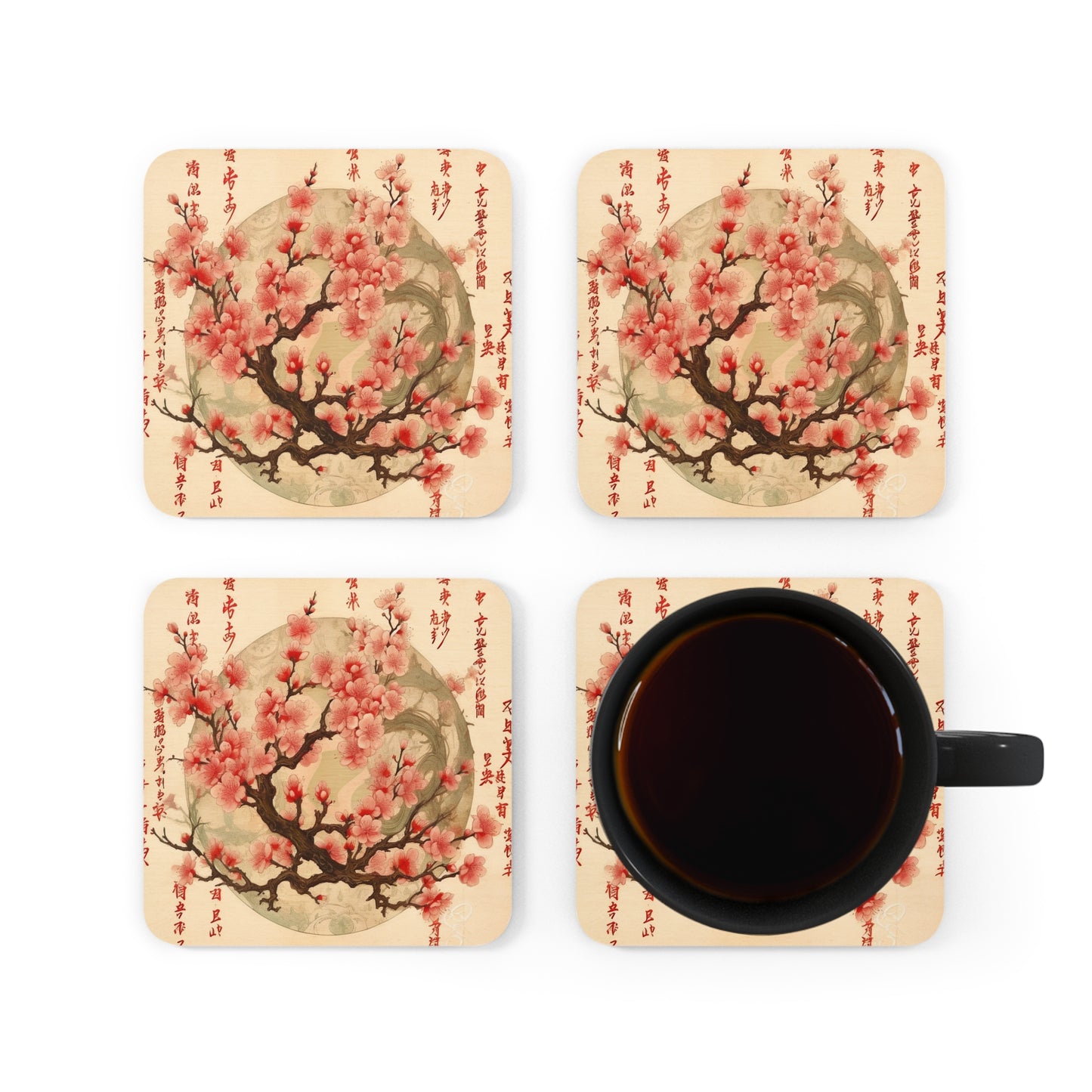 Whimsical Blossom Dreams: Corkwood Coaster Set with Delightful Flower Drawings and Cherry Blossoms