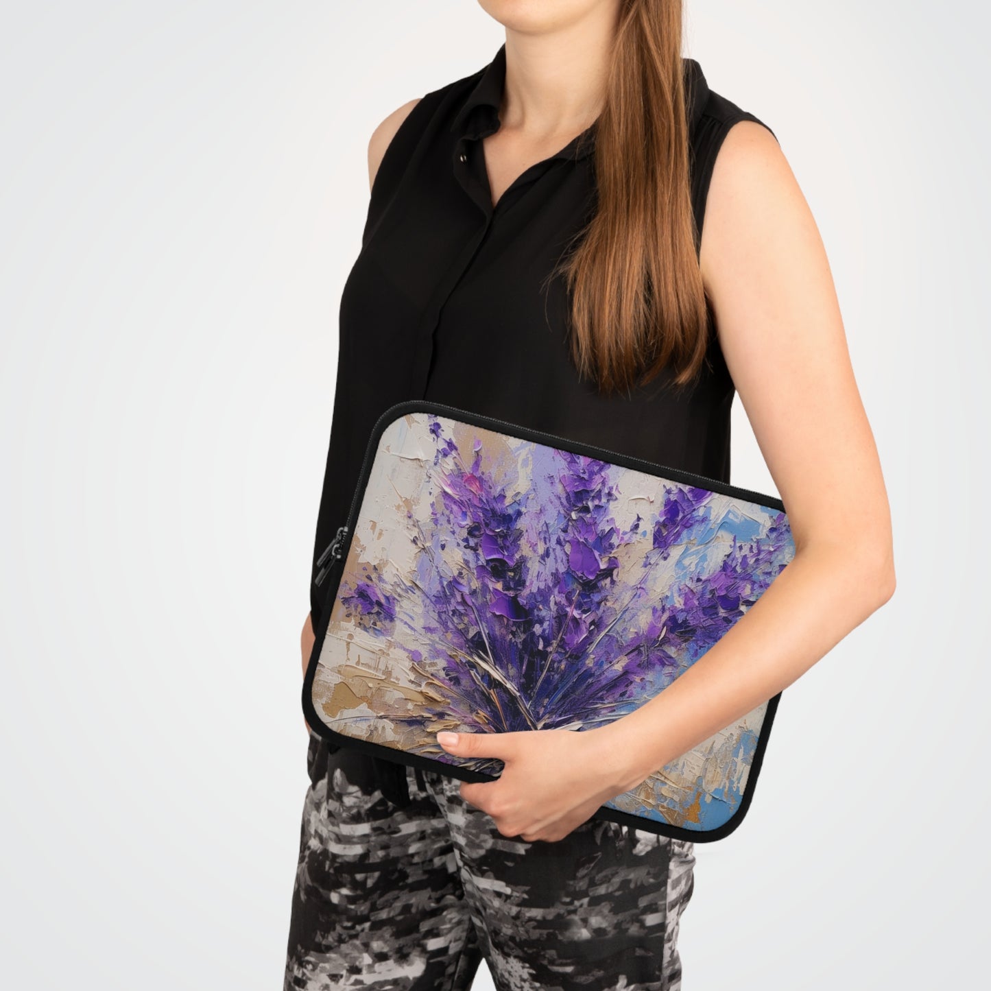 Vibrant Lavender Art on Laptop Sleeve: A Floral Delight for Your Senses