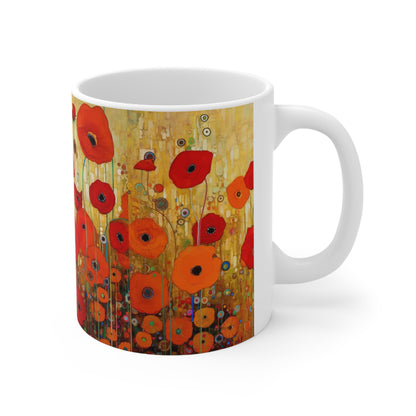 Floral Symphony: Ceramic Mug showcasing Gustav Klimt's Poppies in Art Nouveau