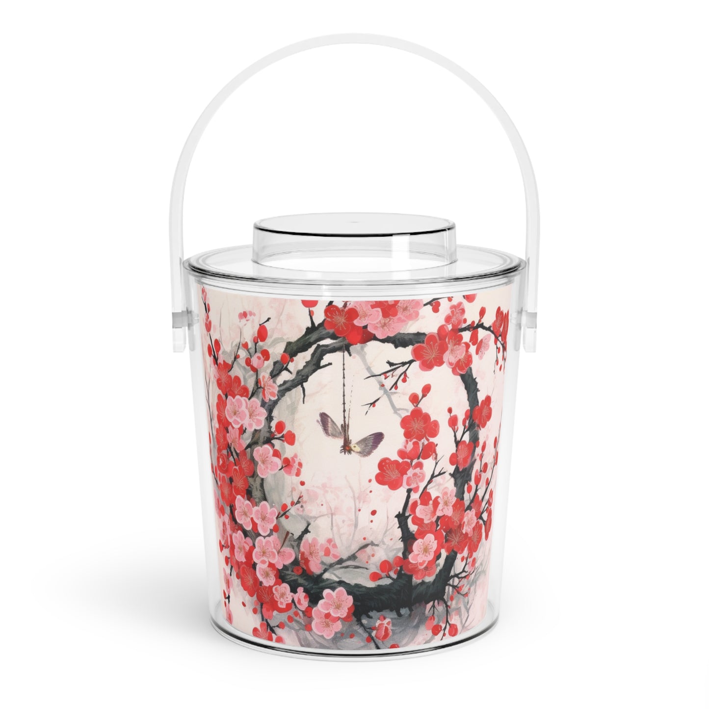 Cherry Blossom Delight: Ice Bucket with Tongs Adorned with Intricate Flower Drawings and Artistry