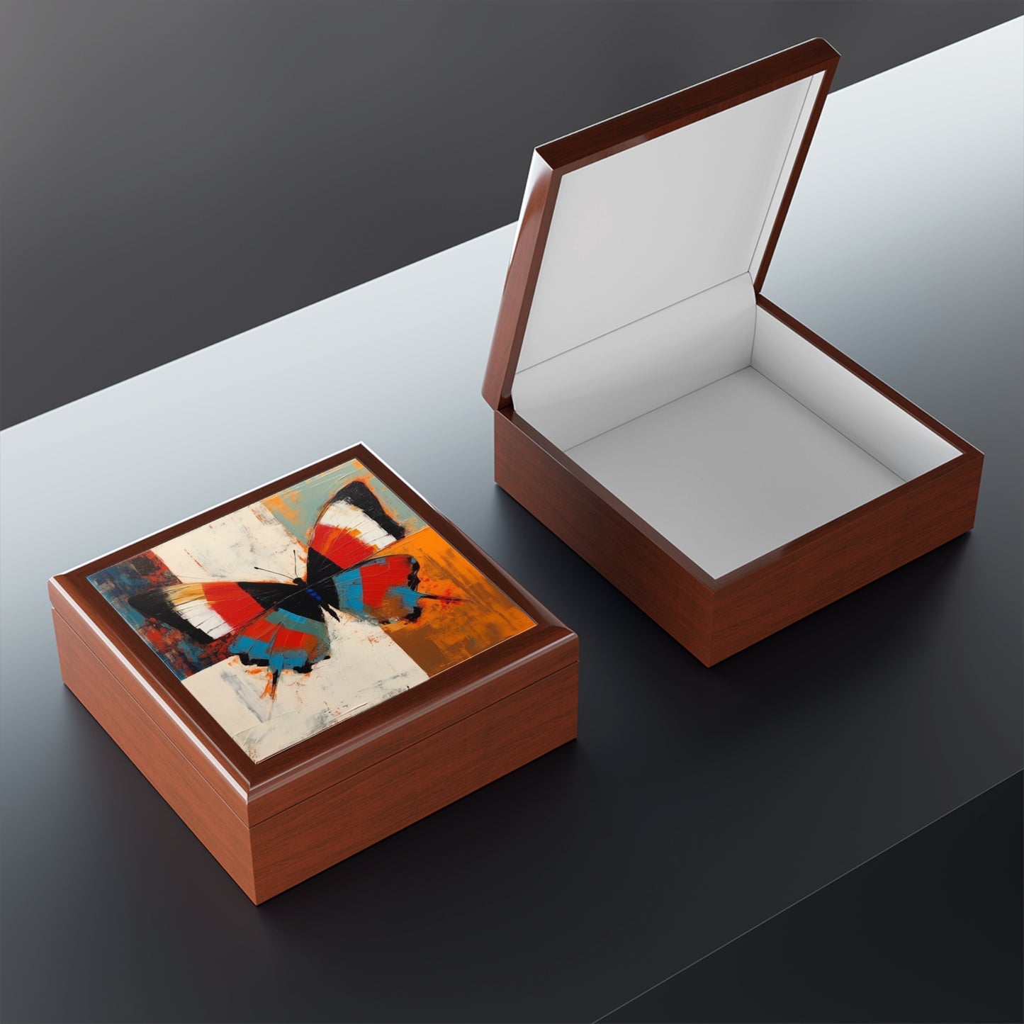 Bauhaus-Inspired Butterfly Symphony: Jewelry Box with Vibrant Colors and Intricate Details