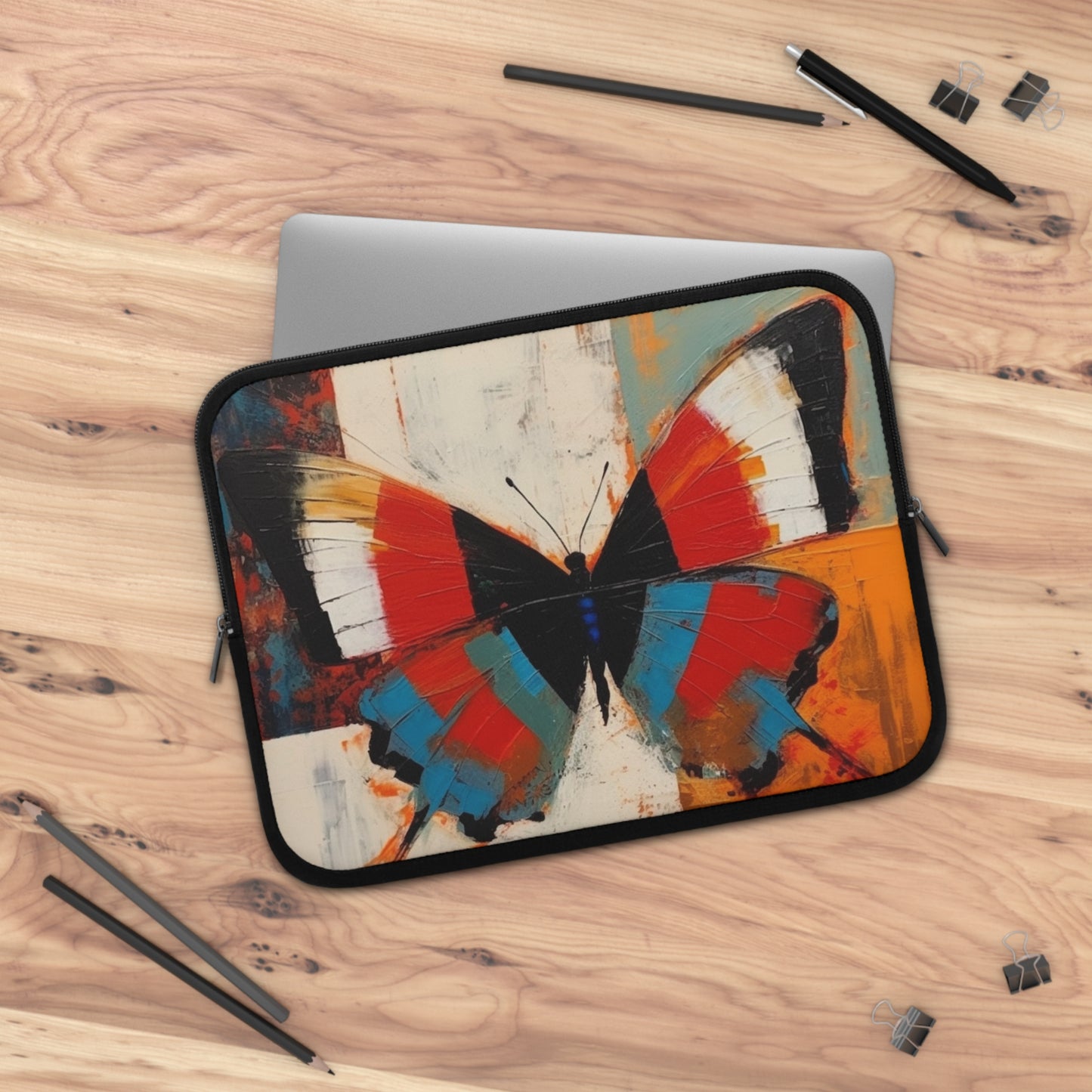 Bauhaus-Inspired Butterfly Symphony: Laptop Sleeve with Vibrant Colors and Intricate Details