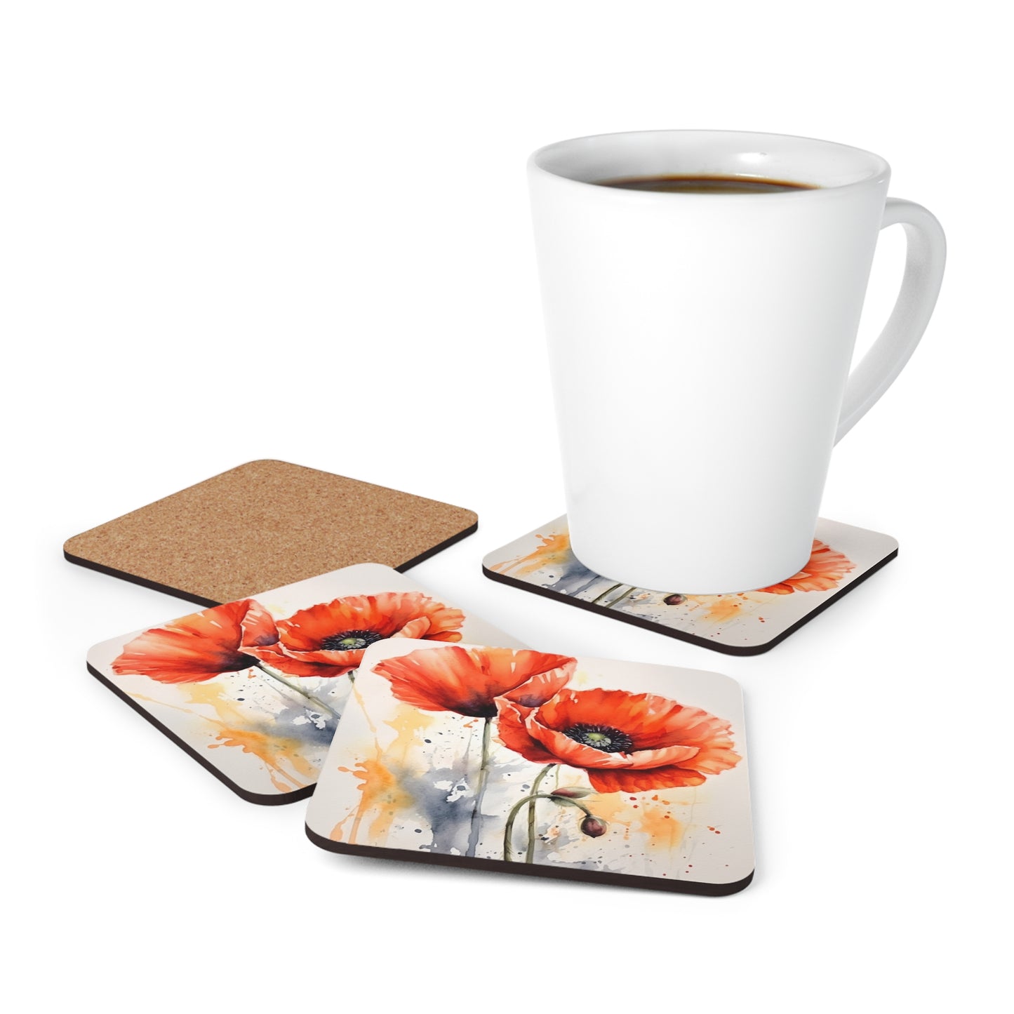 Whimsical Poppy Flower Watercolor Corkwood Coaster Set: An Artistic Delight