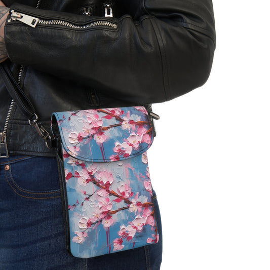 Small Cell Phone Wallet with Abstract Cherry Blossom Drawing: Embrace the Serenity