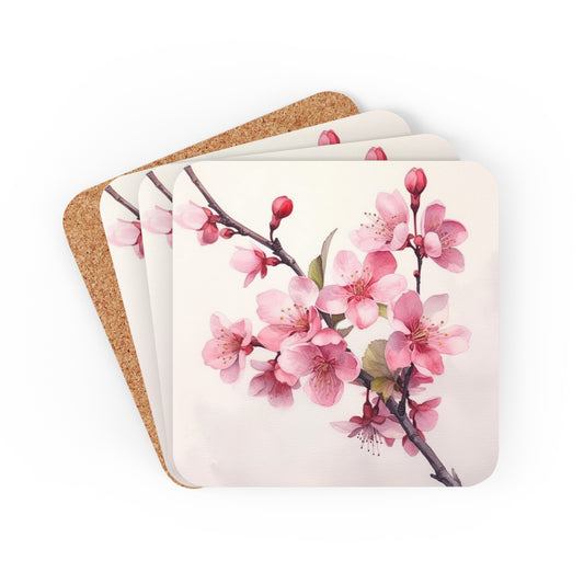 Artistic Flourish: Floral Watercolor Cherry Blossom Corkwood Coaster Set