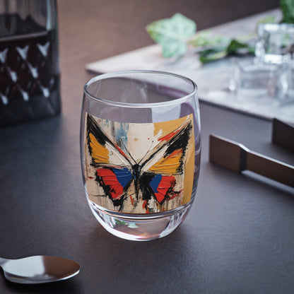 Abstract Bauhaus Design: Whiskey Glass with Butterfly-Inspired Brush Strokes