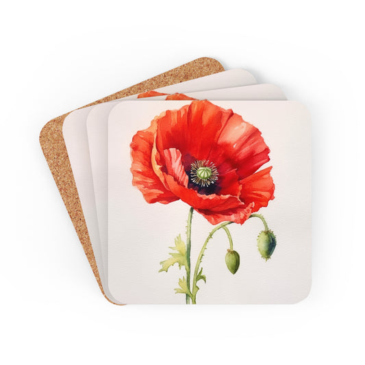 Vibrant Watercolor Poppy Corkwood Coaster Set: Beauty of Nature