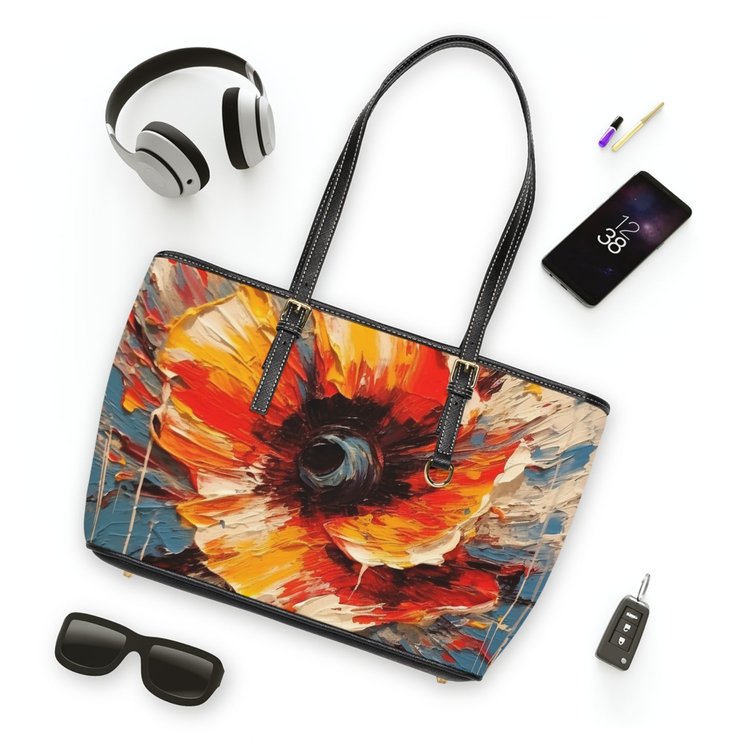 Poppy Symphony: PU Leather Shoulder Bag with Abstract Floral Artwork