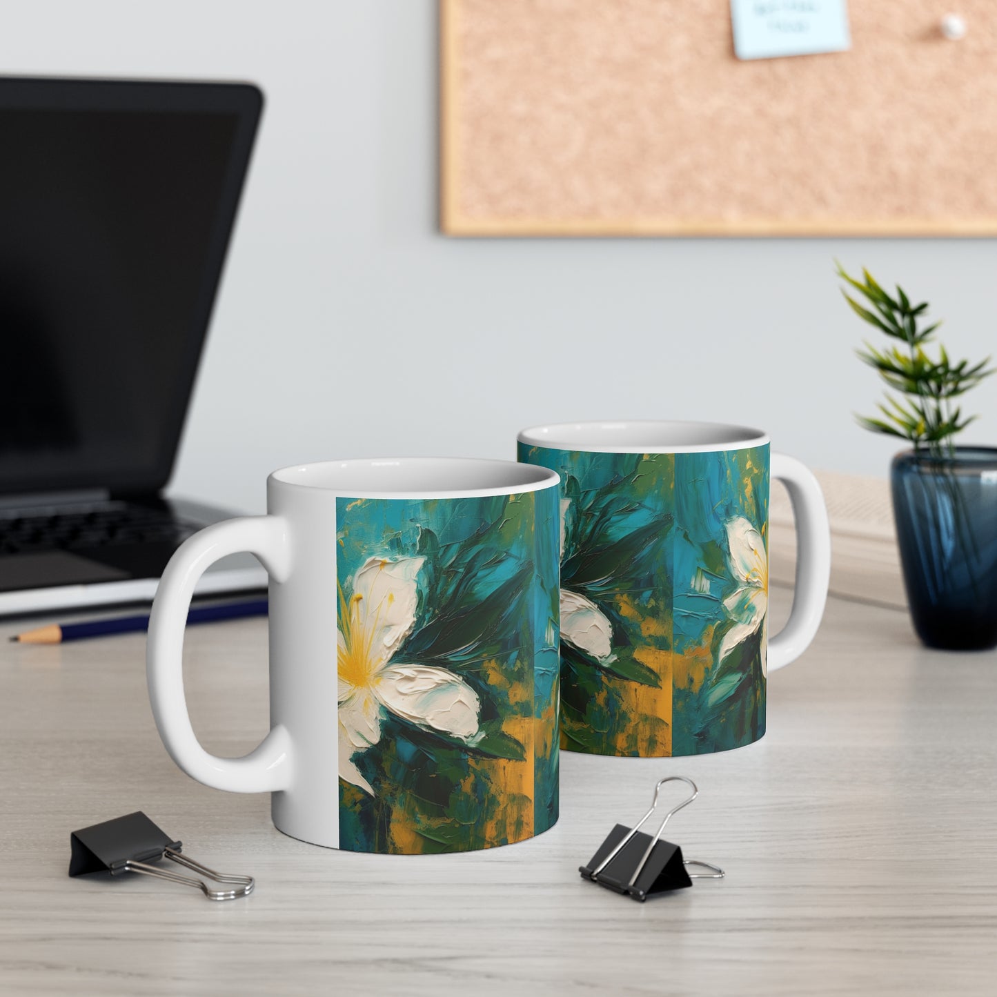 Floral Symphony: Ceramic Mug featuring an Abstract Oil Painting of Jasmine