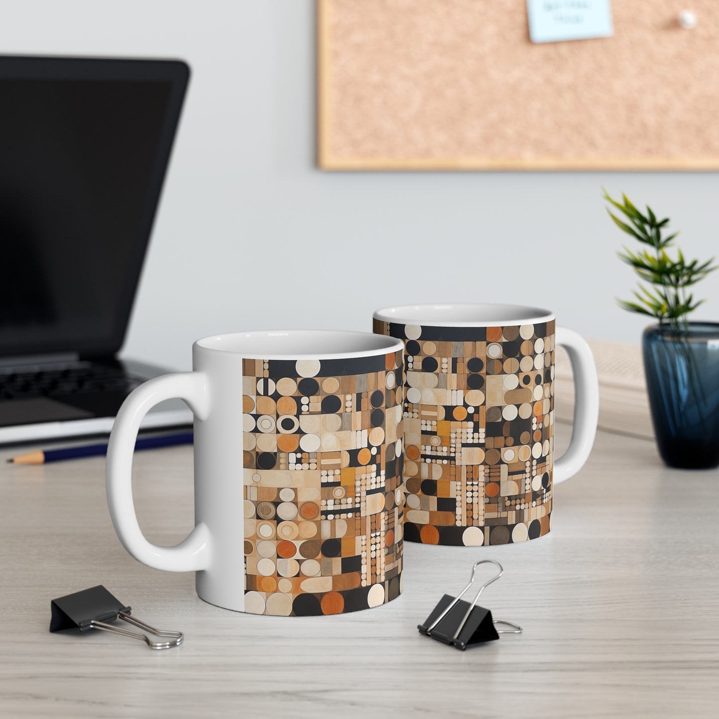 Earthy Grid Ceramic Mug: Graphic Black and White with Earthy Palette