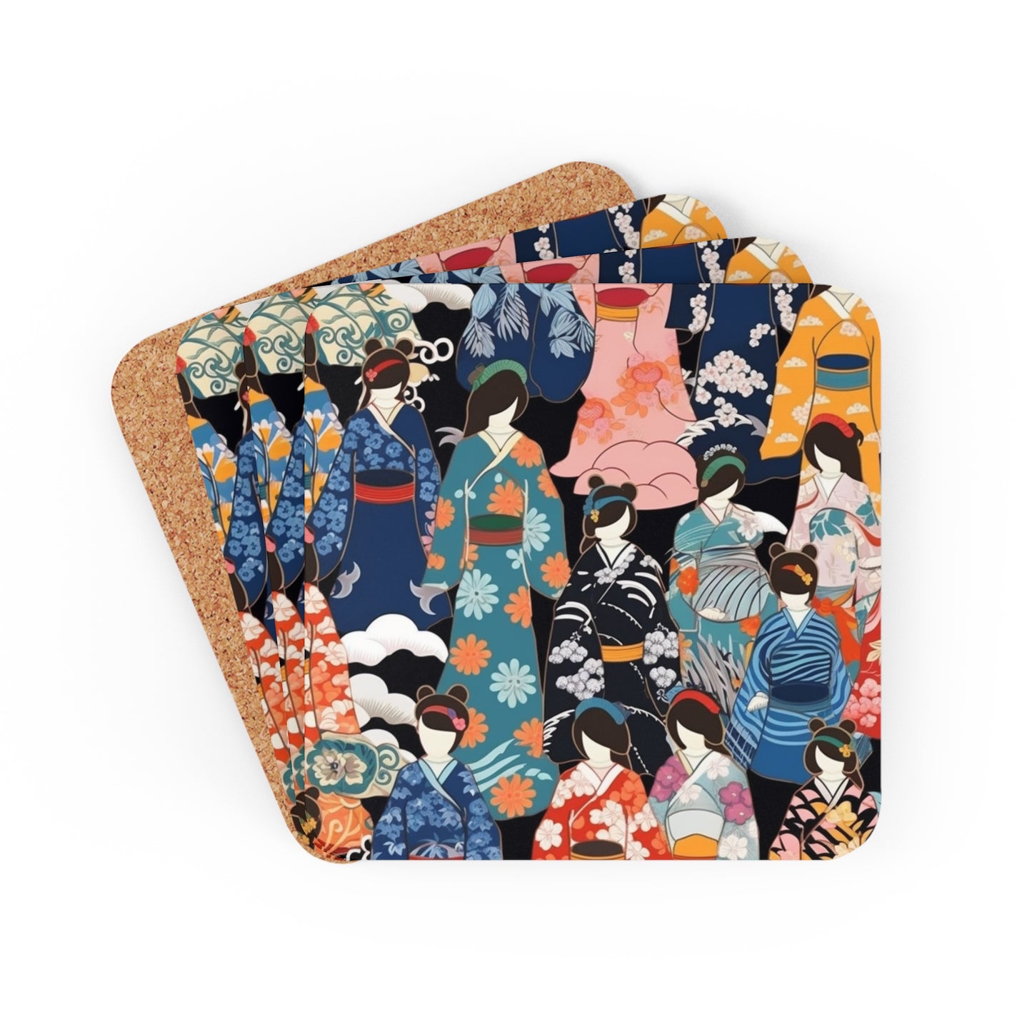 Kimono Dreams Corkwood Coaster Set: Experience Japanese Elegance