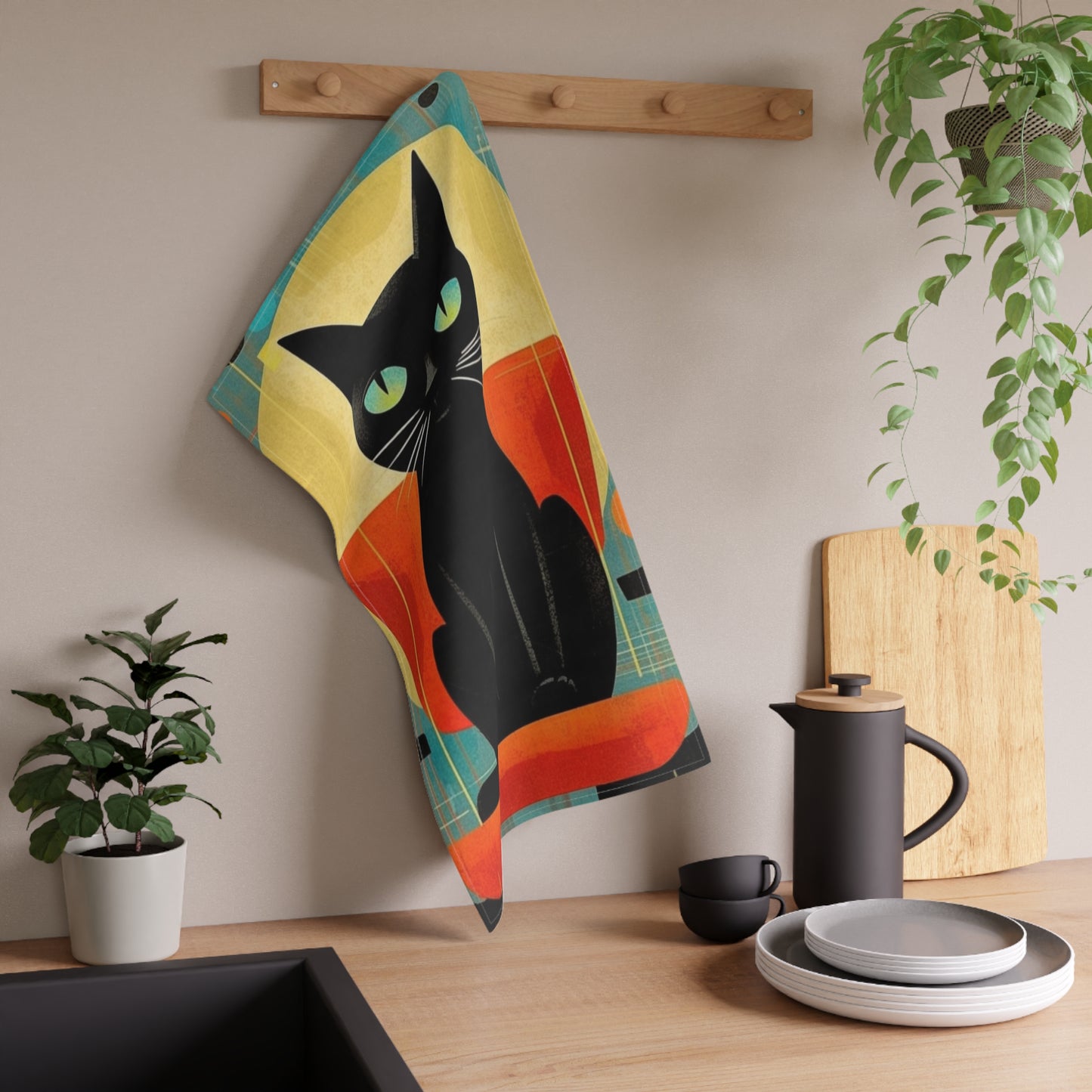 Abstract Cat Expressions: Modern Art-Inspired Midcentury Modern Kitchen Towel with Timeless Atomic Age Design