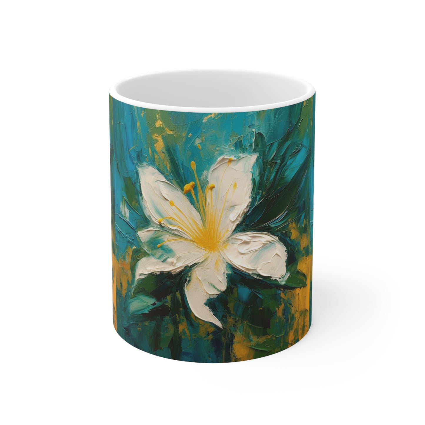 Floral Symphony: Ceramic Mug featuring an Abstract Oil Painting of Jasmine