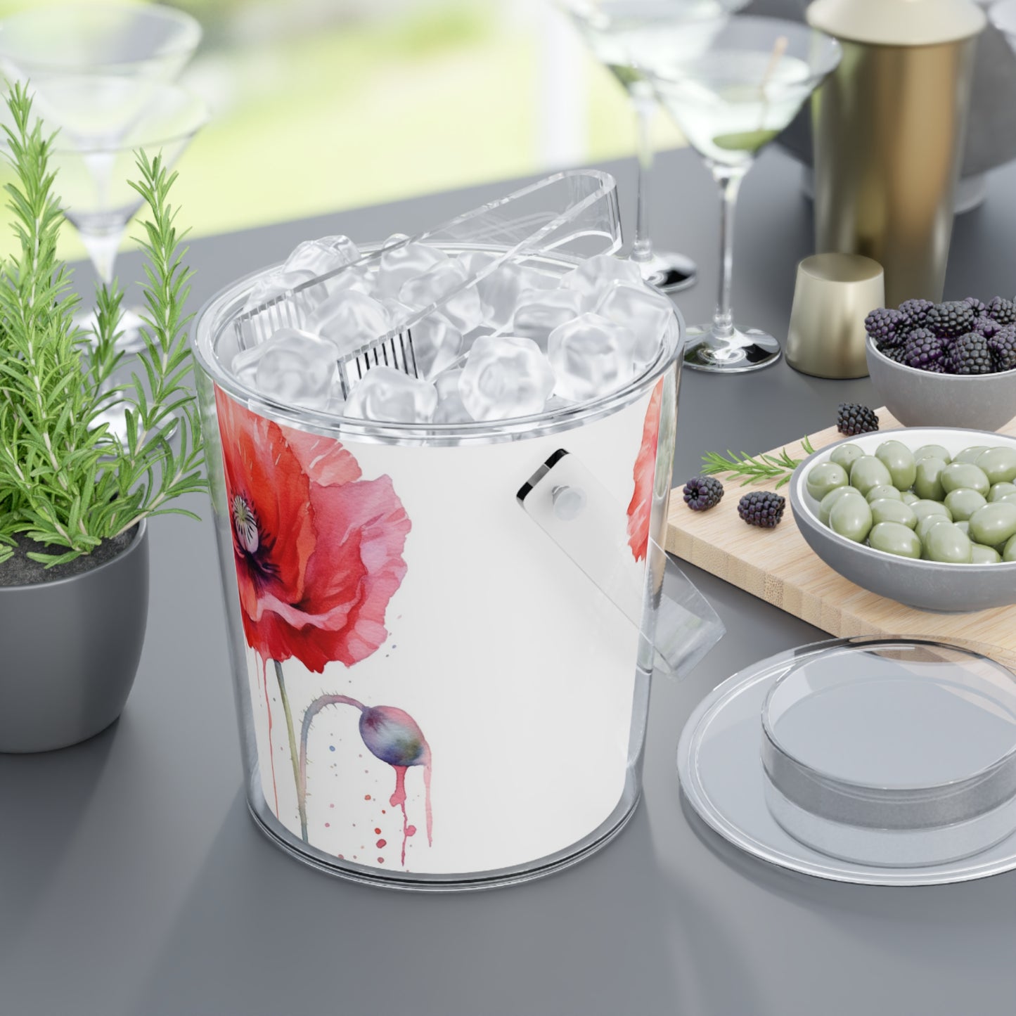 Poppy-Inspired Watercolor Ice Bucket with Tongs: A Delicate Blend of Art