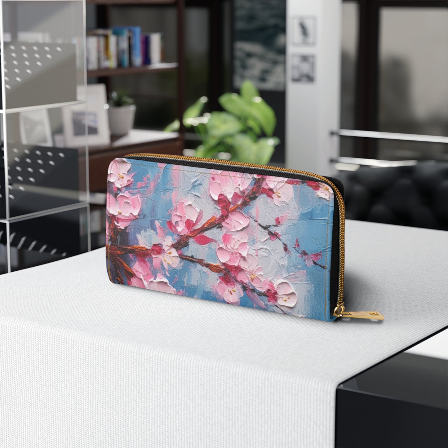 Zipper Wallet with Abstract Cherry Blossom Drawing: Embrace the Serenity