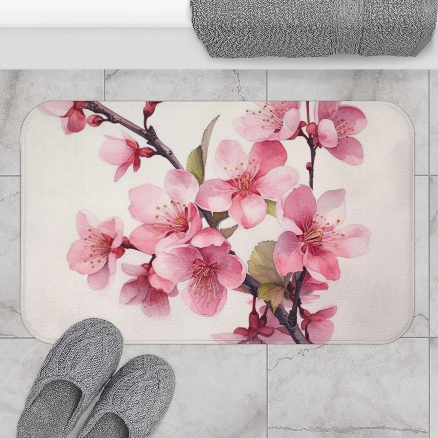 Artistic Flourish: Floral Watercolor Cherry Blossom Bathmat