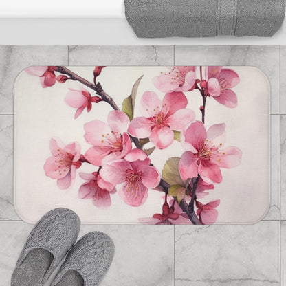 Artistic Flourish: Floral Watercolor Cherry Blossom Bathmat