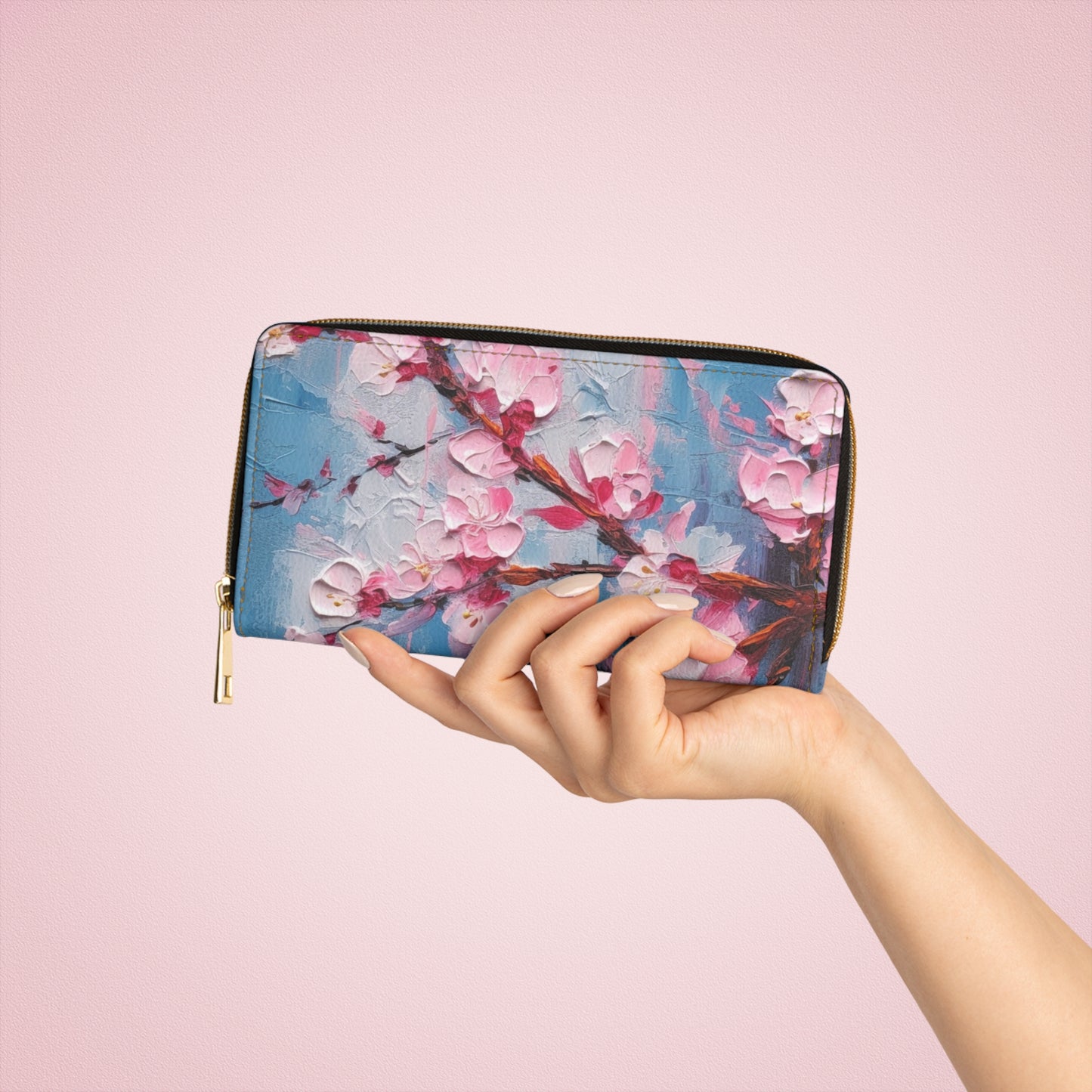 Zipper Wallet with Abstract Cherry Blossom Drawing: Embrace the Serenity