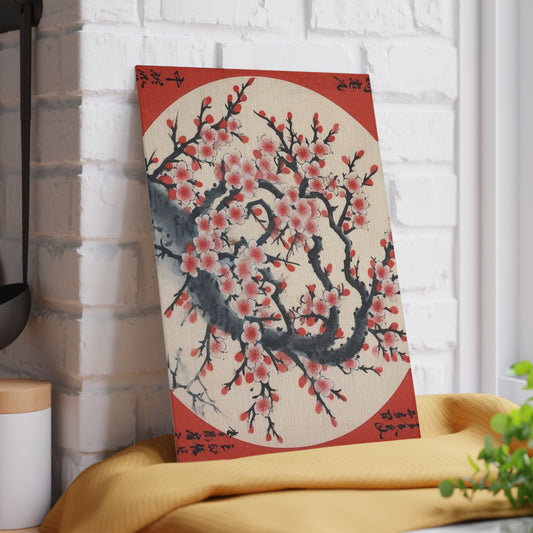 Enchanting Petal Symphony: Glass Cutting Board Celebrating Cherry Blossom Tree Drawings