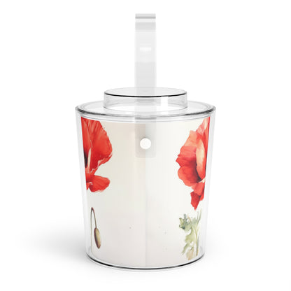 Artistic Watercolor Poppy Ice Bucket with Tongs: Nature's Splendor