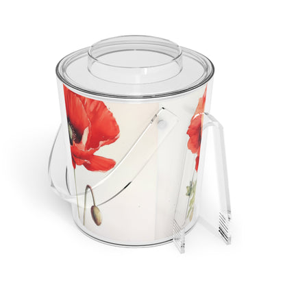 Artistic Watercolor Poppy Ice Bucket with Tongs: Nature's Splendor