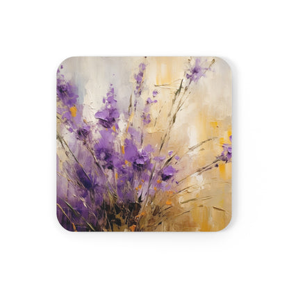 Expressive Lavender Drawing on Corkwood Coaster Set: A Symphony of Colors and Petals