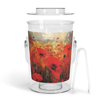 Whimsical Poppy Art on Ice Bucket with Tongs