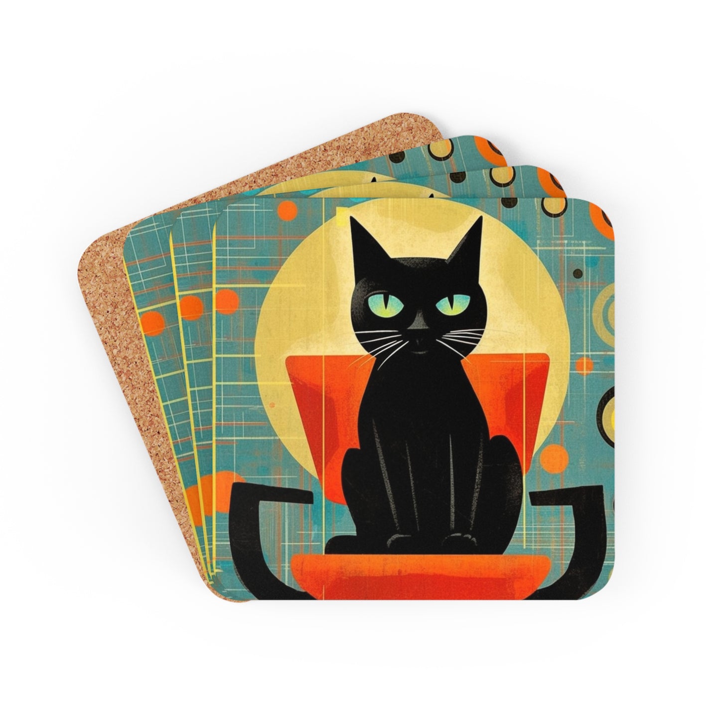 Abstract Cat Expressions: Modern Art-Inspired Midcentury Modern Corkwood Coaster Set with Timeless Atomic Age Design