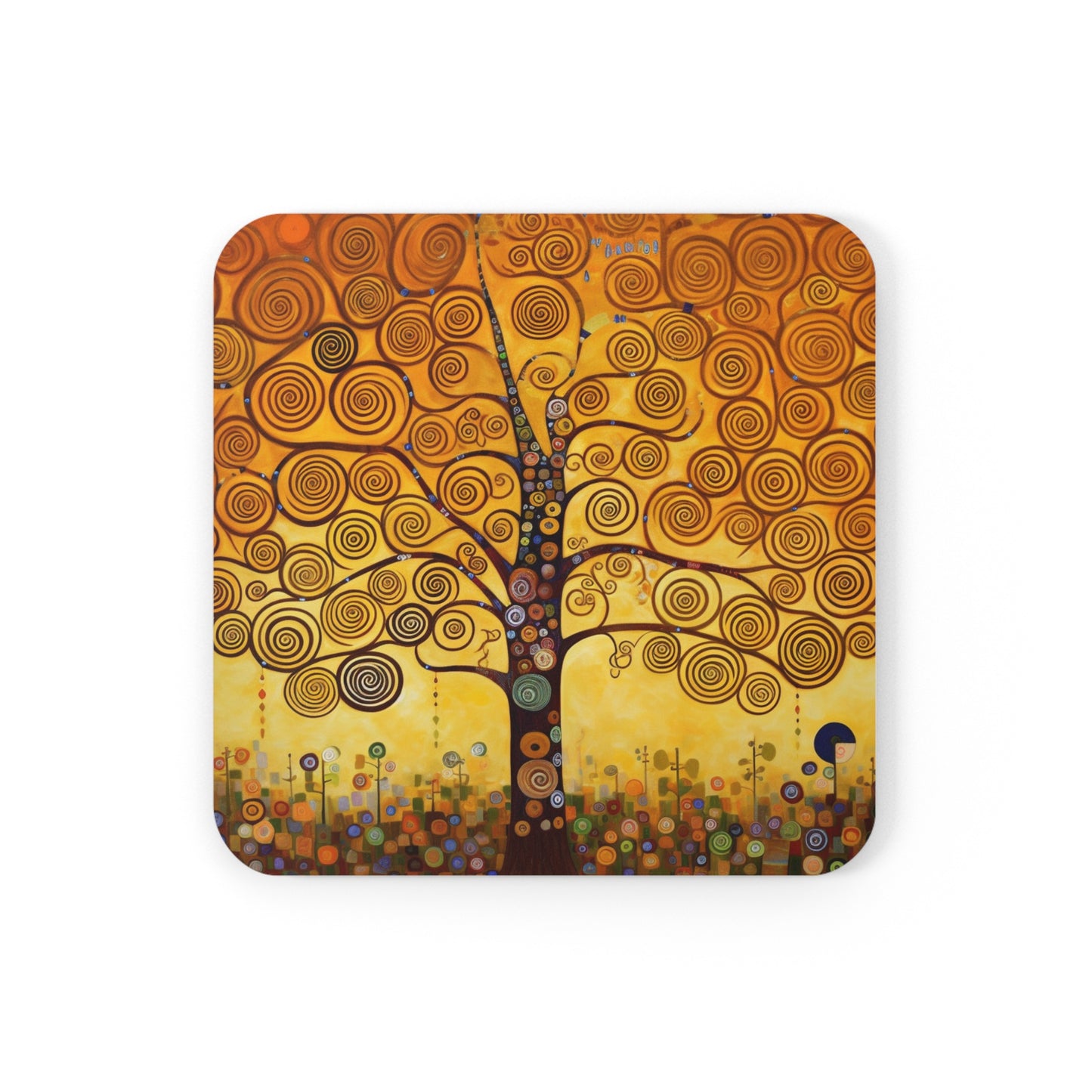 Symbolic Harmony: Gustav Klimt Tree of Life Corkwood Coaster Set, Embrace Artistic Elegance