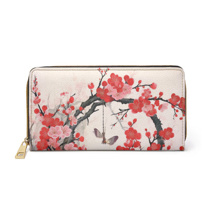 Cherry Blossom Delight: Zipper Wallet Adorned with Intricate Flower Drawings and Artistry