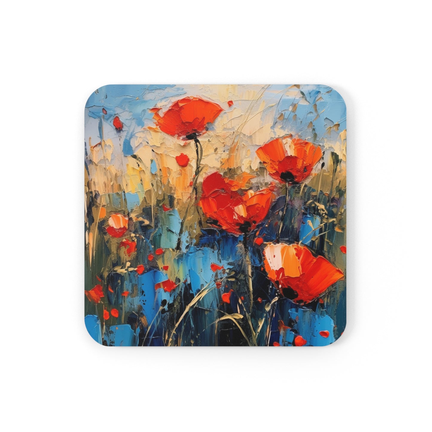 Corkwood Coaster Set Paradise: Abstract Poppy Artwork and Flower Drawings