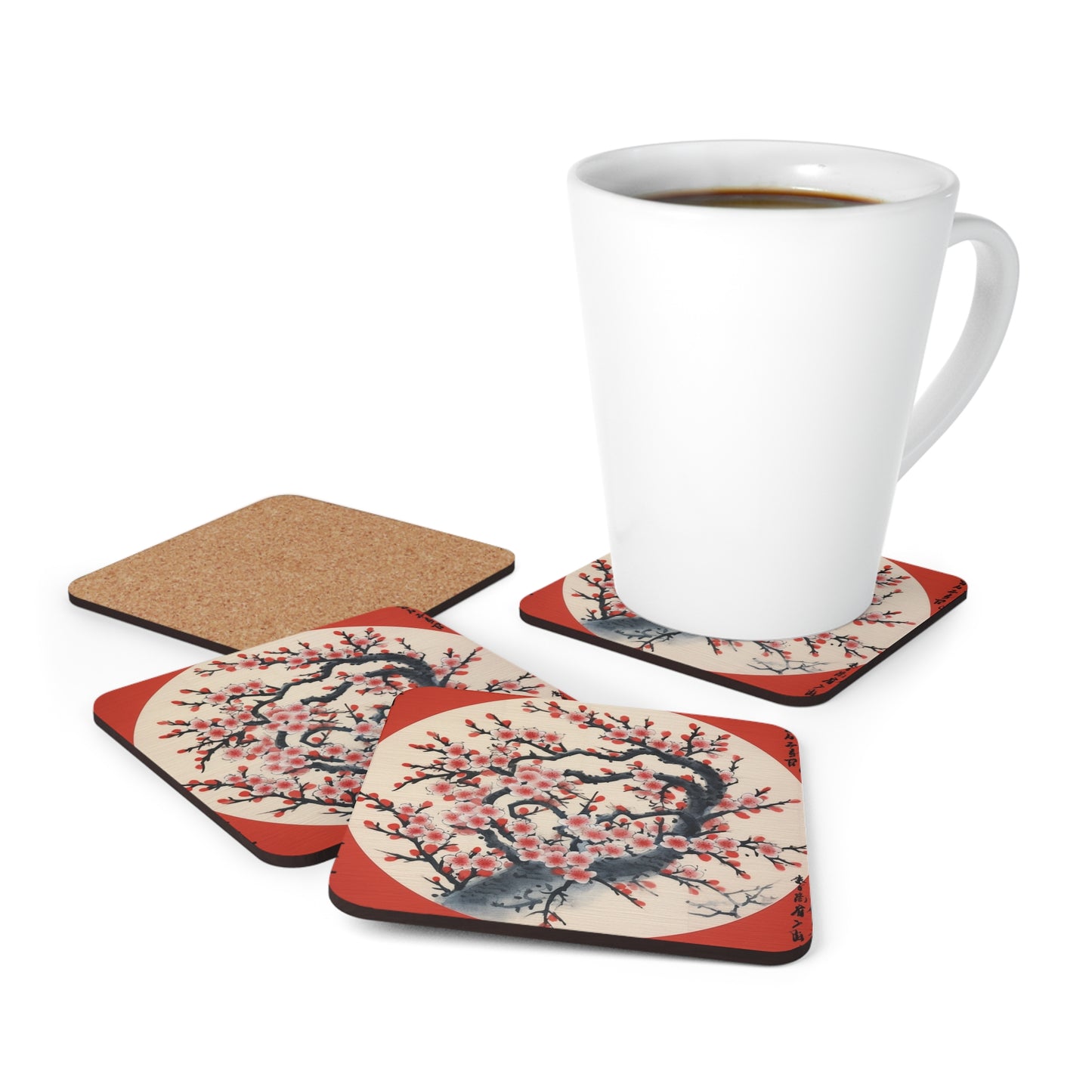 Enchanting Petal Symphony: Corkwood Coaster Set Celebrating Cherry Blossom Tree Drawings