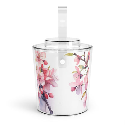 Cherry Blossom Delight: Floral Watercolor Ice Bucket with Tongs