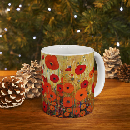 Floral Symphony: Ceramic Mug showcasing Gustav Klimt's Poppies in Art Nouveau