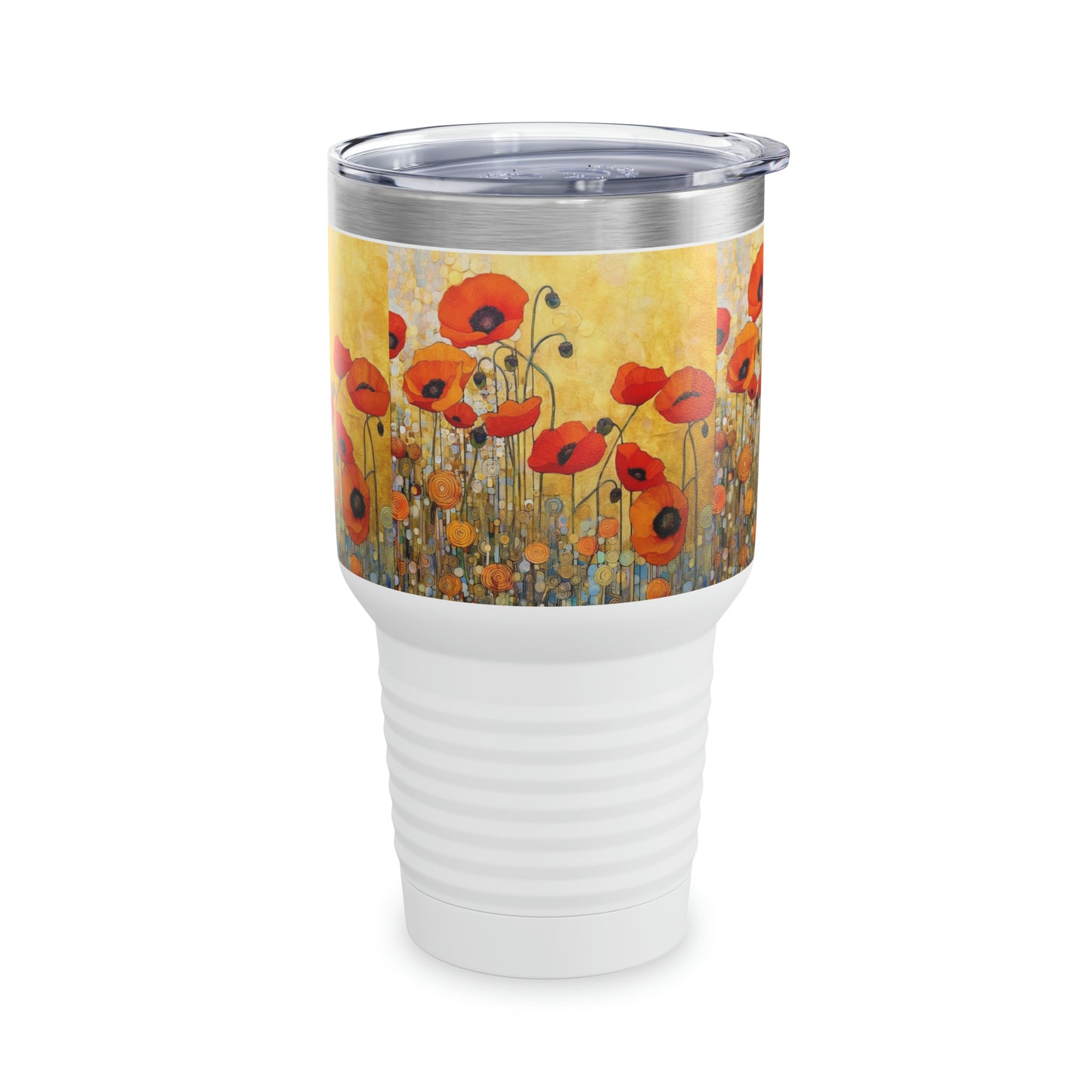 Sip in Style: Ringneck Tumbler Adorned with Gustav Klimt's Inspired Poppies