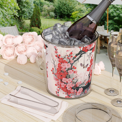 Cherry Blossom Delight: Ice Bucket with Tongs Adorned with Intricate Flower Drawings and Artistry