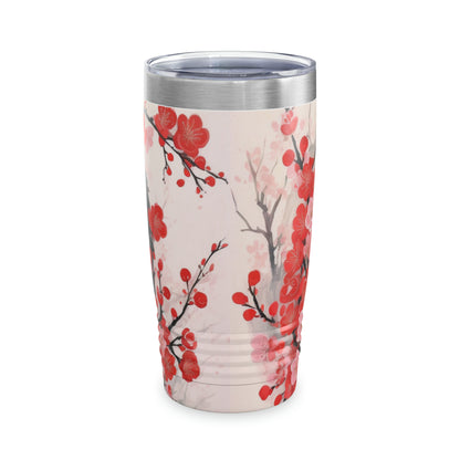 Cherry Blossom Delight: Ringneck Tumbler Adorned with Intricate Flower Drawings and Artistry