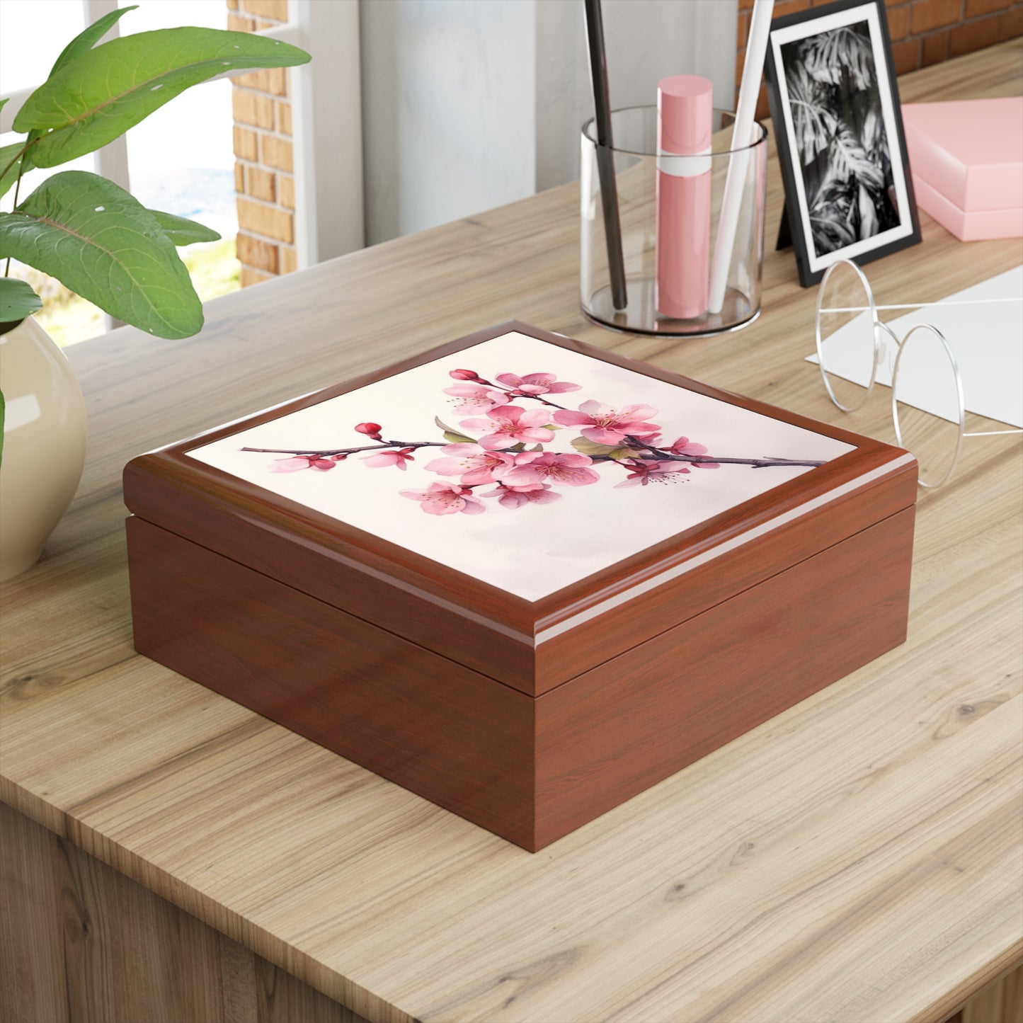 Artistic Flourish: Floral Watercolor Cherry Blossom Jewelry Box