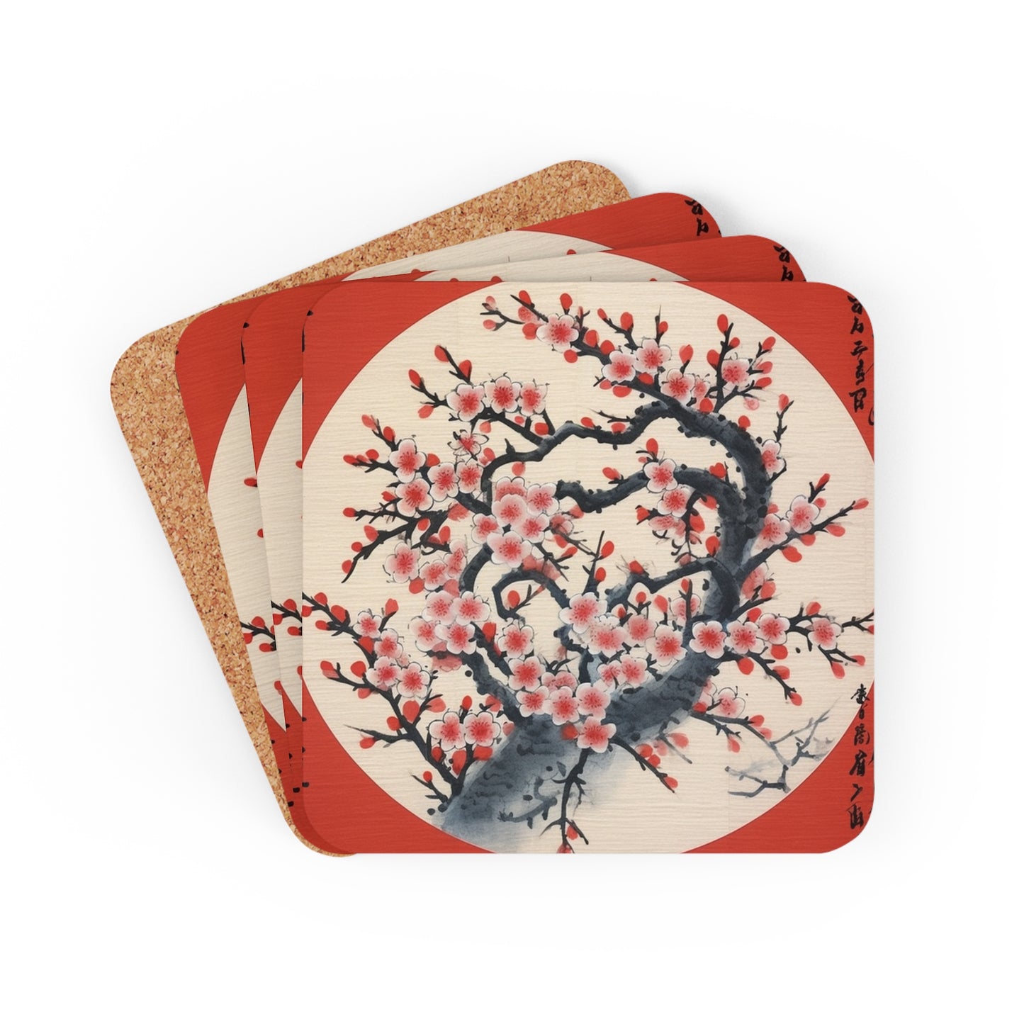 Enchanting Petal Symphony: Corkwood Coaster Set Celebrating Cherry Blossom Tree Drawings